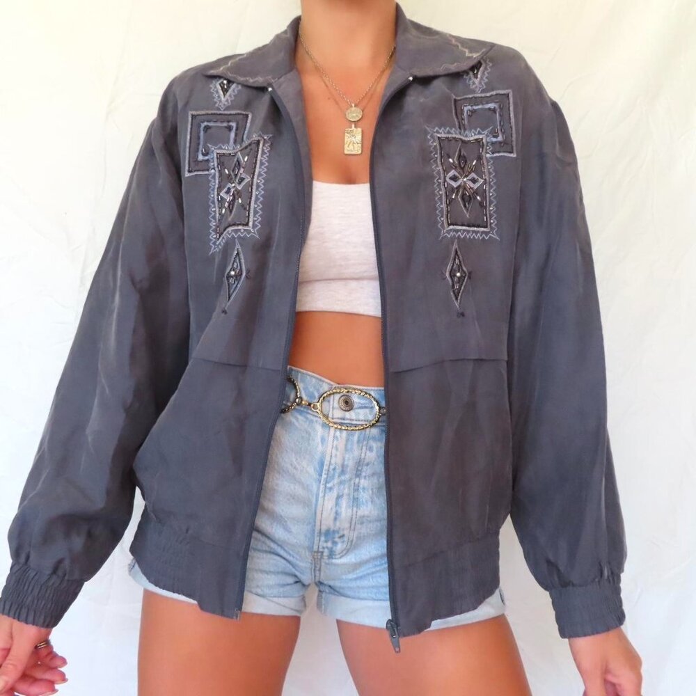 LEW MAGRAM COLLECTION SILK BLUE BEADED VINTAGE BOMBER JACKET WOMENS SMALL